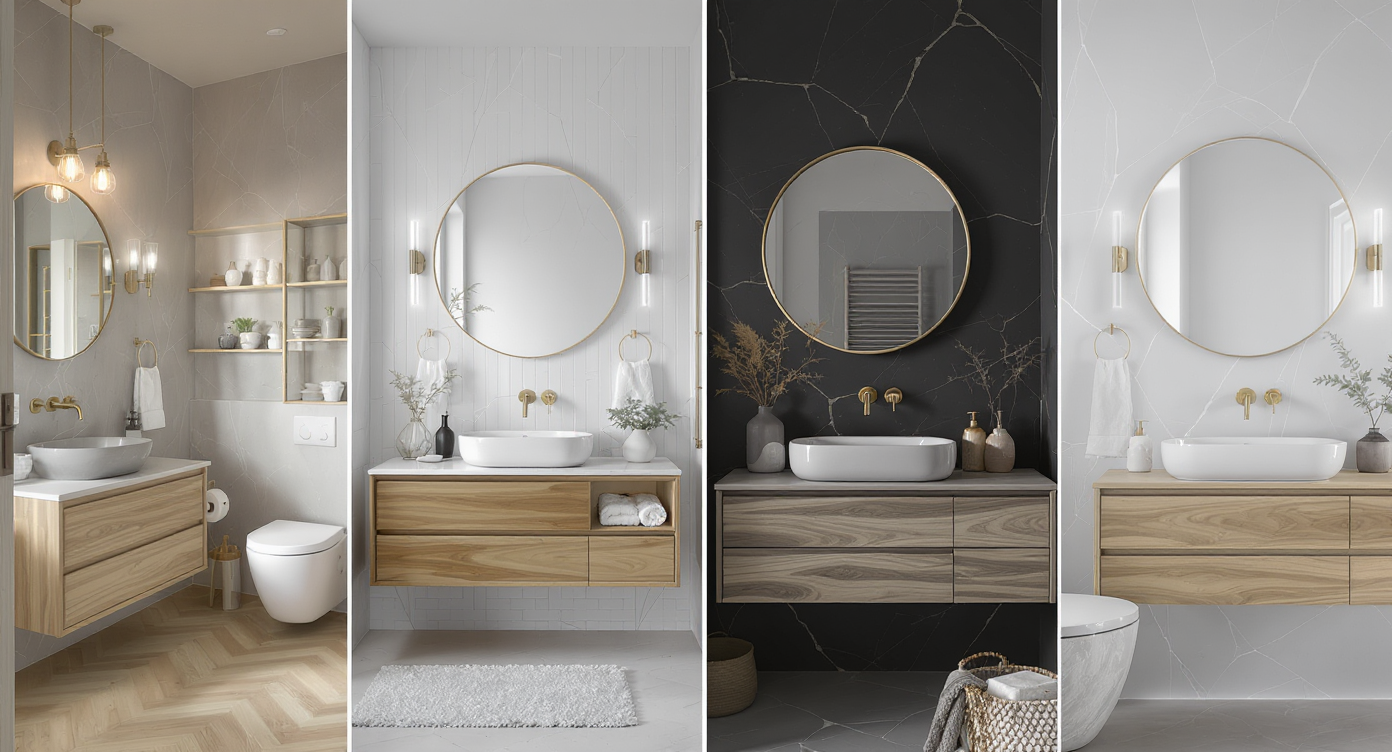 Four distinct grey bathroom styles: warm Japandi wood, minimalist Scandinavian white, glam with brass, and blended neutral design.