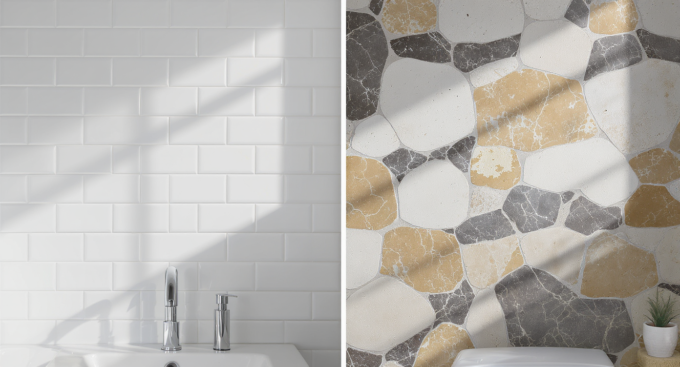 Side-by-side bathroom walls comparing classic white subway tiles and irregular handmade zellige tiles under natural light.