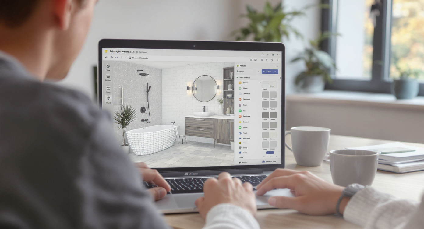 Designer interacting with ReimagineHome.ai on a laptop displaying grey bathroom visualizations in a bright modern studio.