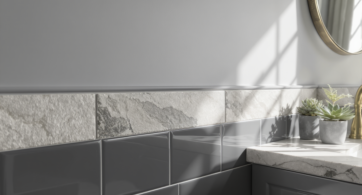 Close-up of bathroom wall layering warm grey paint, textured stone tiles, glossy ceramic accents with brass and plant details.