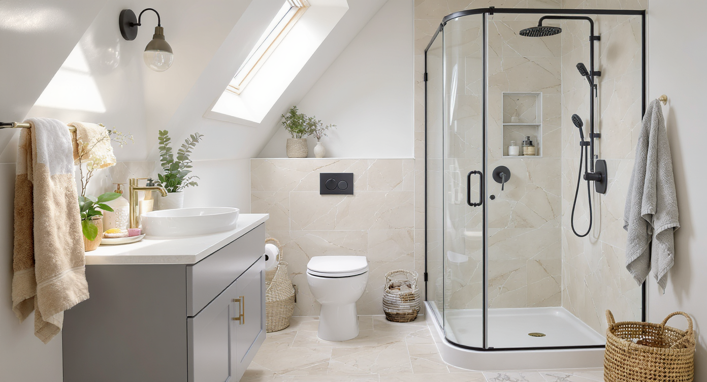 Warm grey bathroom with patterned stone floor, mixed brass and black metal fixtures, and soft textile textures under skylight illumination.