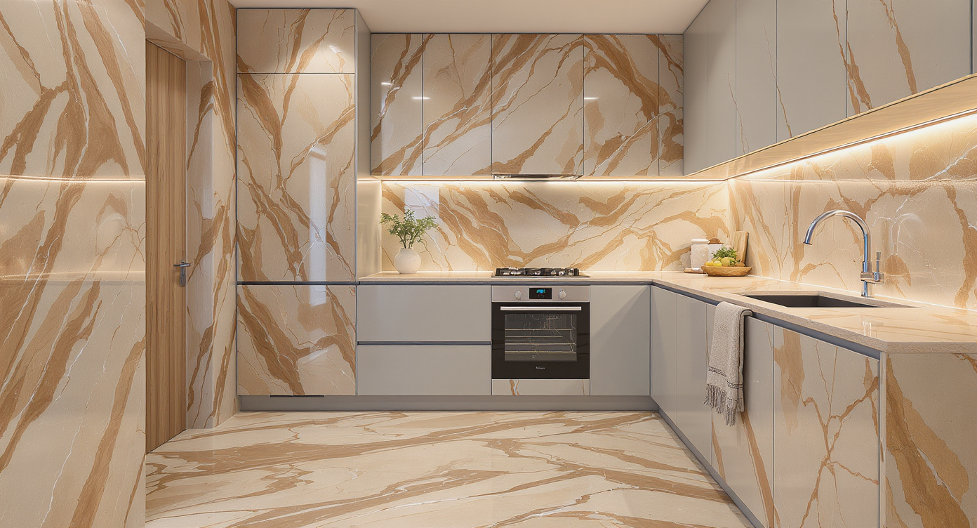 Compact modern kitchen with wraparound warm beige large-format slabs showcasing seamless one-material design and natural vein flow.