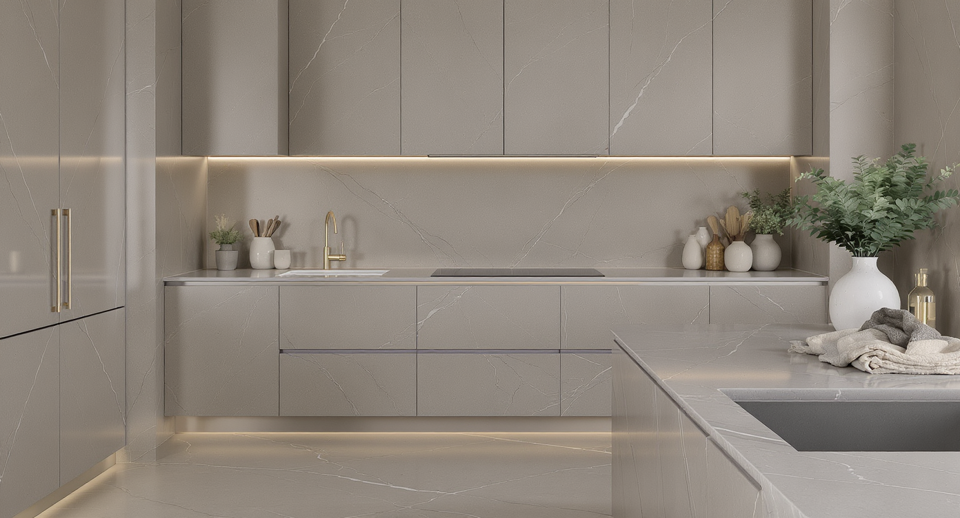 Contemporary kitchen and bathroom interiors with continuous gray surface and warm brass fixtures showcasing unity and texture balance.