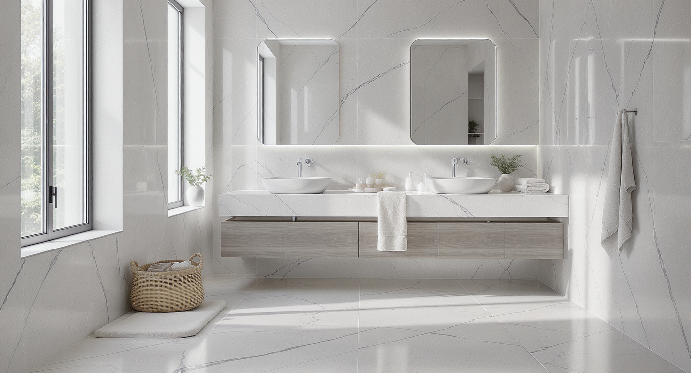 Spacious bathroom with cool gray continuous slabs, matte and polished finishes balanced warmly with textiles and light.