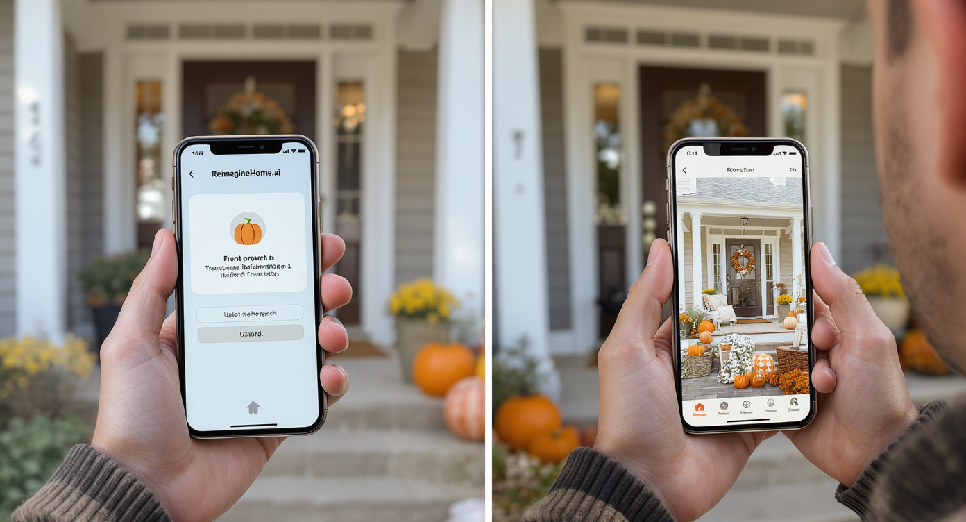 Homeowner outdoors holding smartphone showing ReimagineHome.ai porch restyle options against plain front porch backdrop in soft natural light.