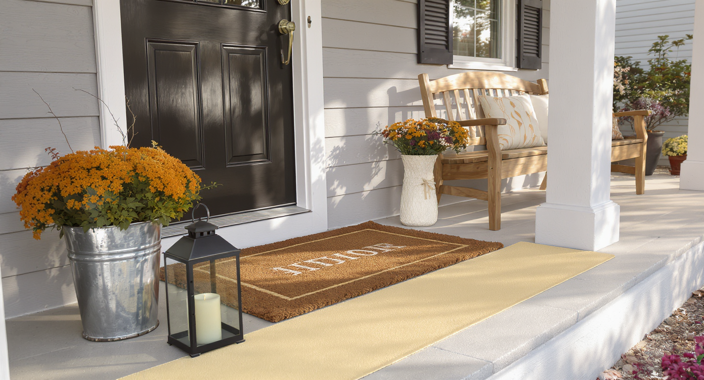 Clutter-free fall porch entry showing clear 36-inch walkway with simple mums in a metal planter and black outdoor lantern in soft afternoon light.