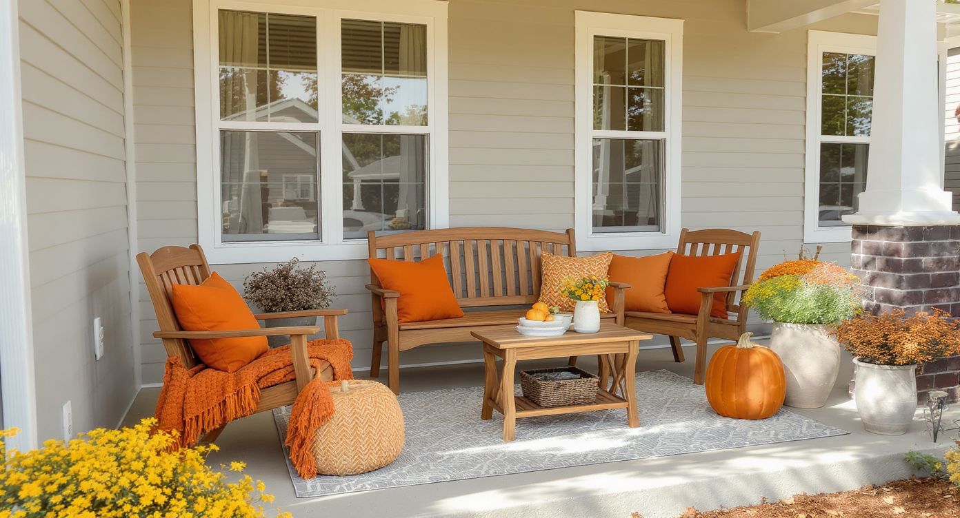 Sunny front porch showing beige siding, grey rug, wooden bench, orange cushions, and ceramic planters with fall plants in balanced color ratio.