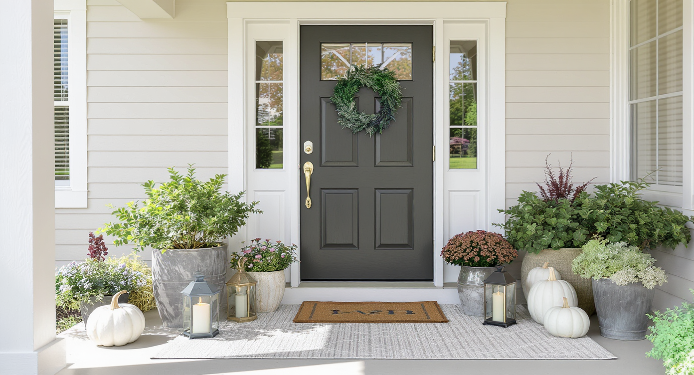 Stylish fall porch with clean neutral siding, textured planters, and layered decor in muted colors illuminated by natural morning light.