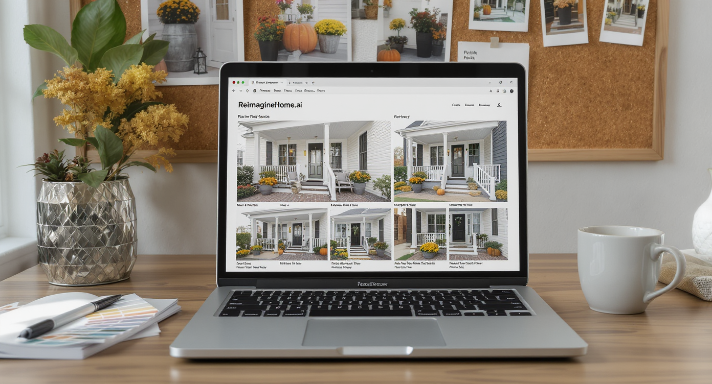 Modern workspace with laptop showing ReimagineHome.ai porch style variations, fall decor mood boards, and natural daylight.