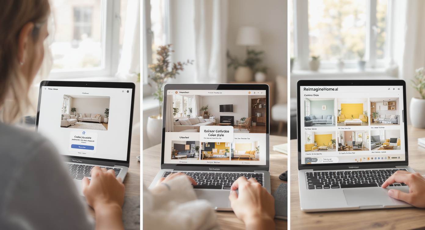 Homeowner uploads living room photo on laptop to ReimagineHome.ai, viewing multiple colorful design options in a sunlit room.