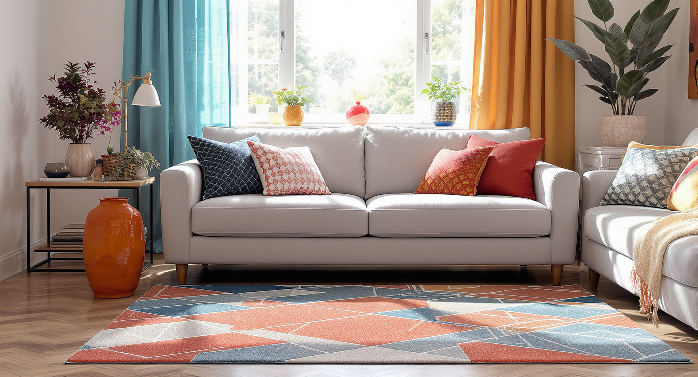 Living room with layered geometric rugs, mixed-pattern pillows on beige sofa, vibrant curtains, and colorful plant pots illuminated by sunlight.