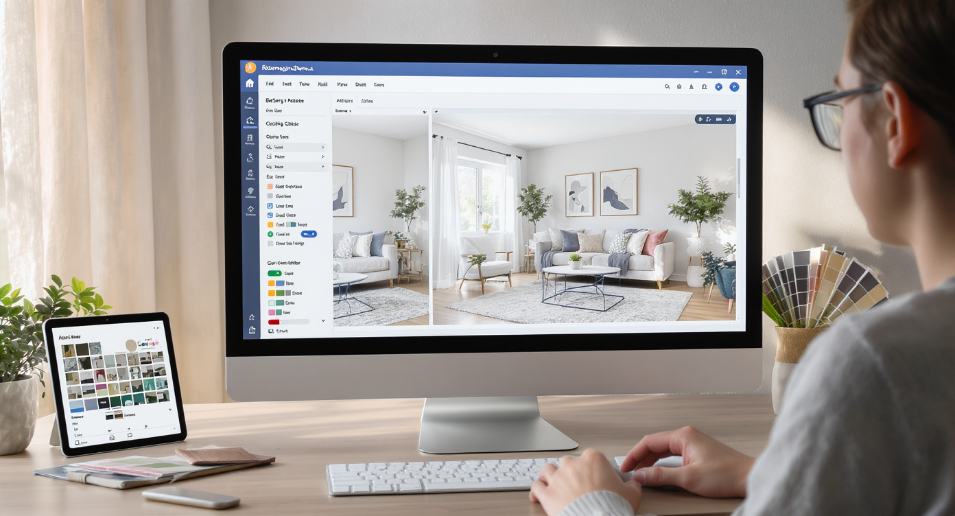 Designer working at desk with computer showing AI-generated living room color variations via ReimagineHome.ai software interface.