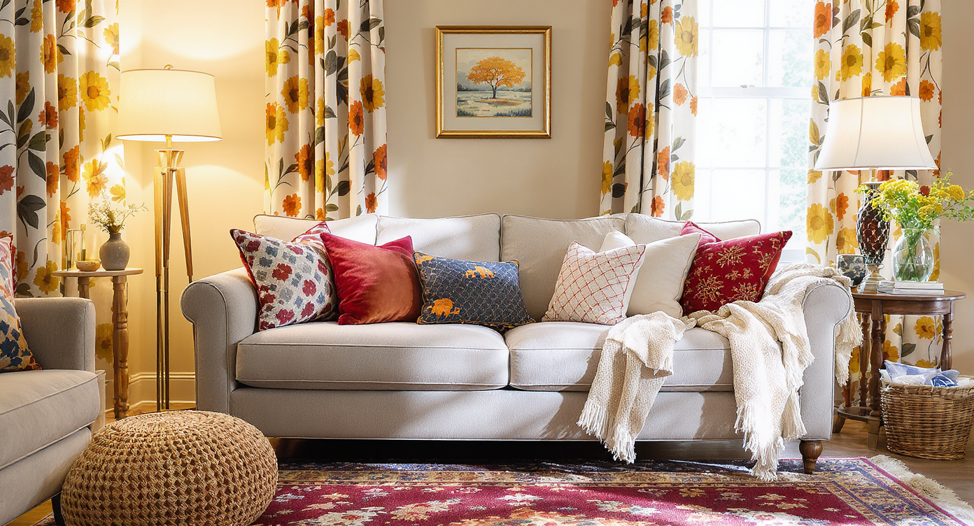 Cozy living room with neutral sofa, diverse colorful pillows, a vibrant layered rug, lively curtains, and soft natural light filtering through.