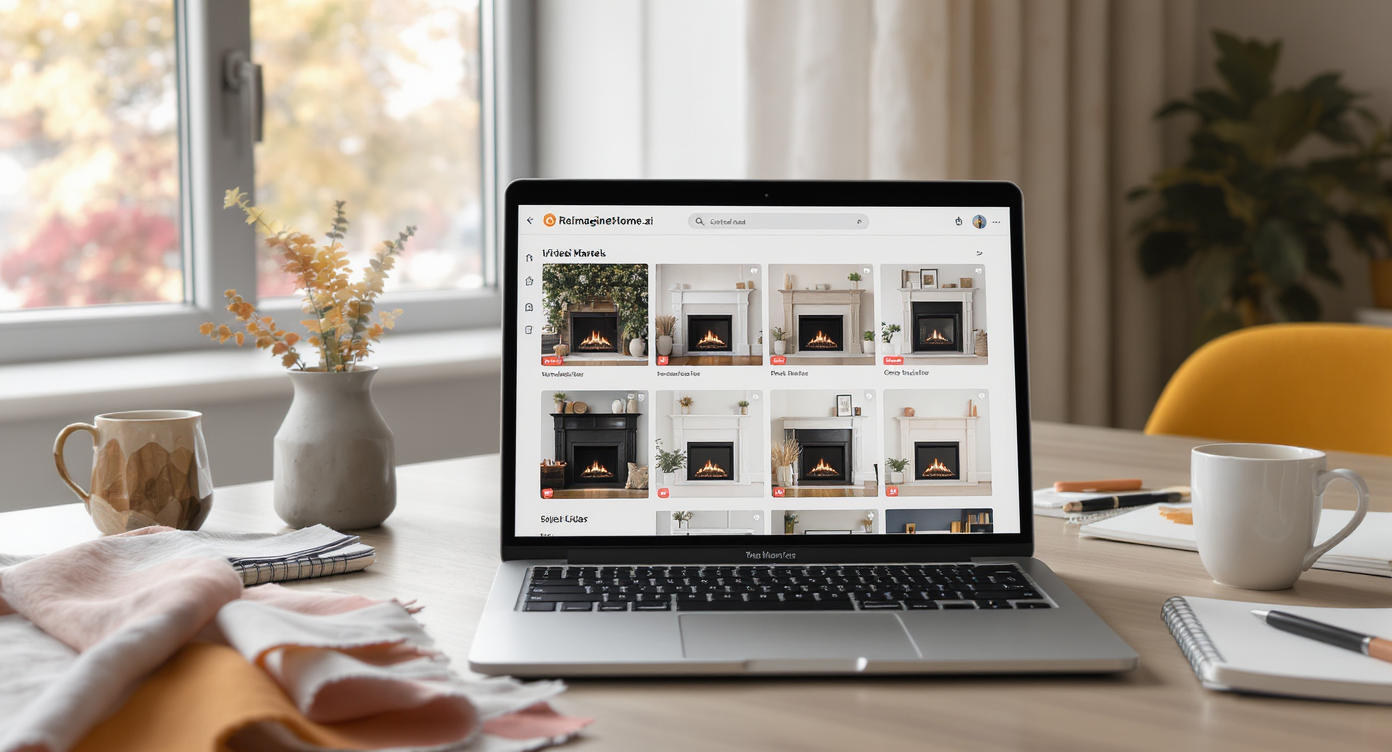 Modern desk with laptop displaying AI mantel design previews, fabric swatches, sketchpad, and natural daylight highlighting creativity.