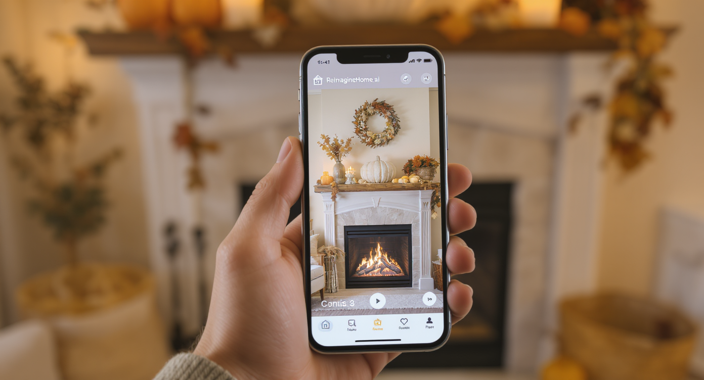 Close-up of a person using smartphone app to preview fall mantel decor on a living room photo with natural soft lighting.