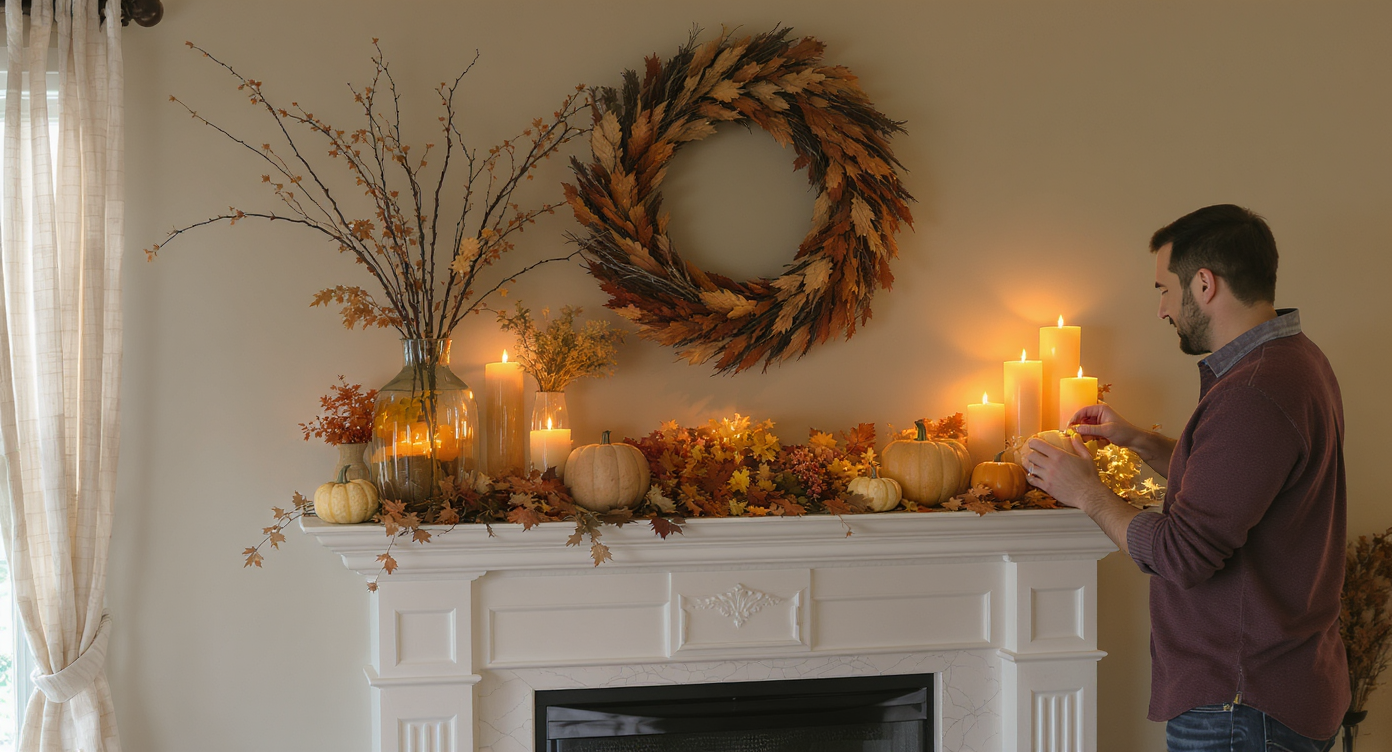 Family room with autumn mantel decor including foraged branches, pumpkins, wreath, and LEDs, with a person adjusting decor.