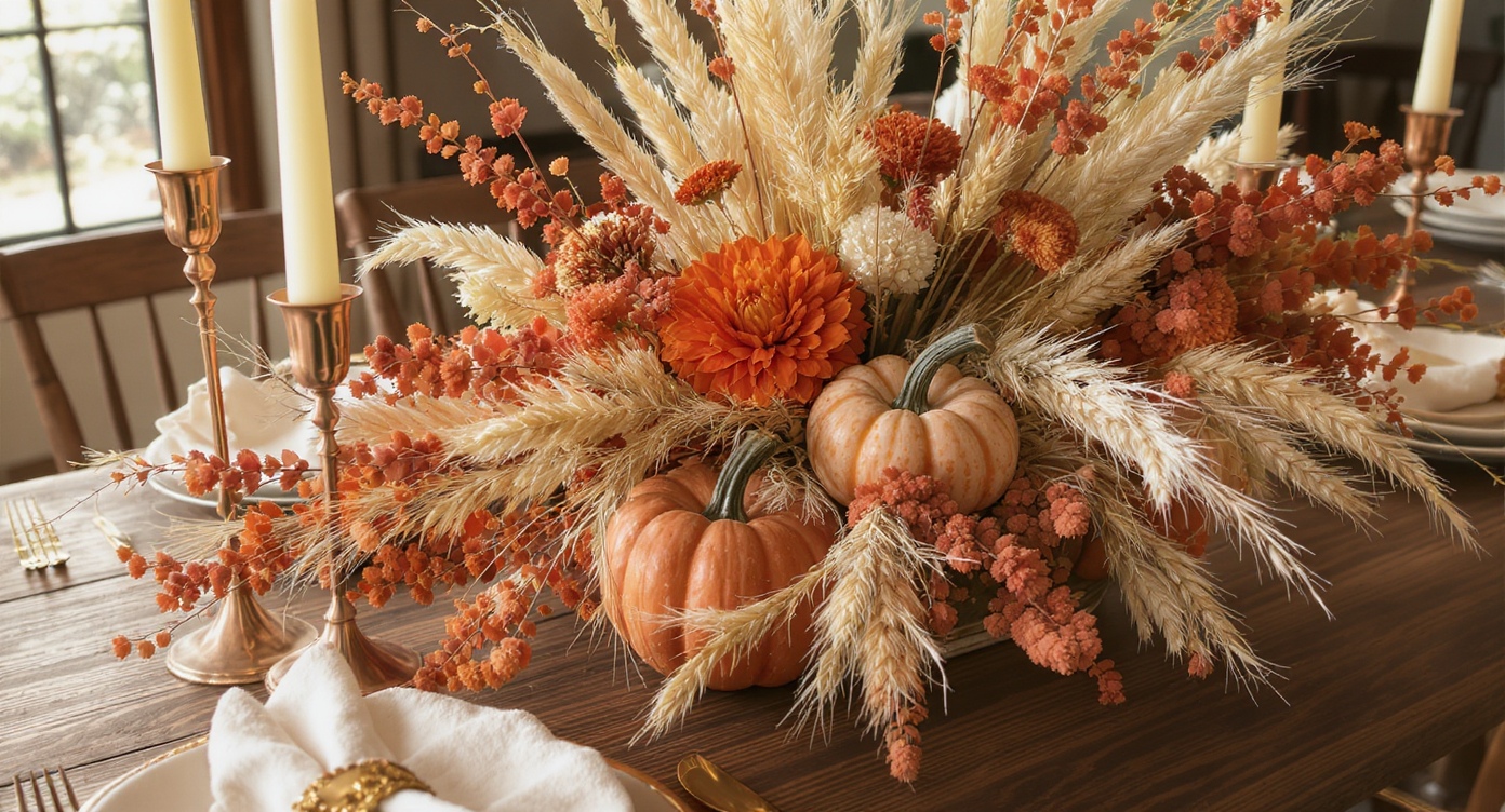Rustic fall dining centerpiece of dried florals, branches, and pumpkins in warm earth tones on wooden table.