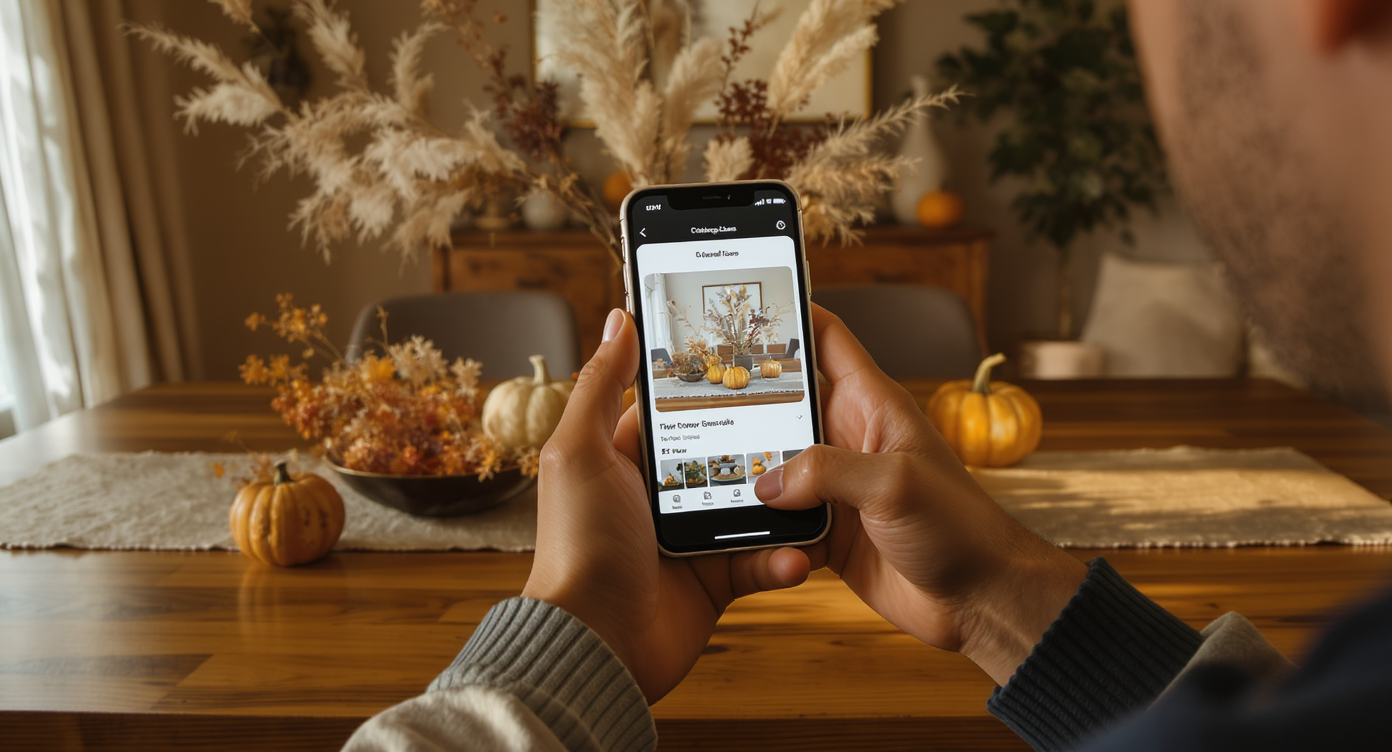 Homeowner uses smartphone app to preview fall centerpiece styles on dining table photo in cozy, modern room.