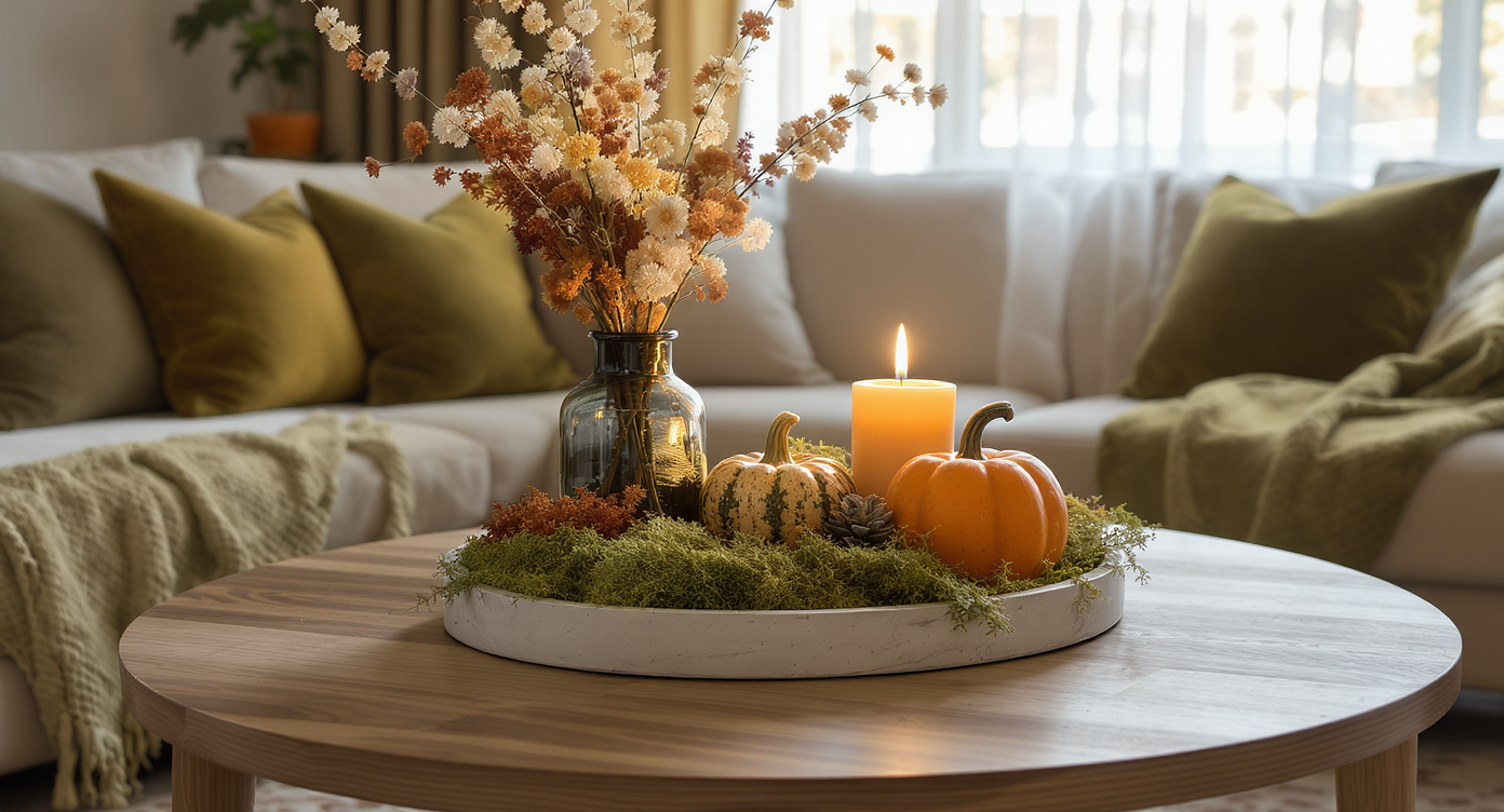 Modern living room coffee table featuring a cozy fall centerpiece with dried stems, pumpkins, moss, and candle in warm light.