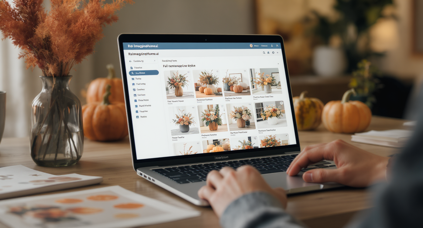 Designer at desk viewing fast-loading AI fall centerpiece style previews on laptop in softly lit room.