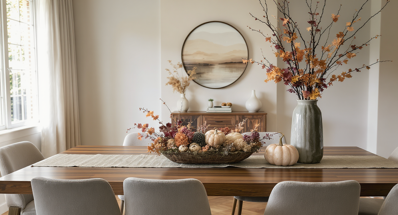 Modern dining table with two fall centerpieces: one low under 14 inches and one tall over 24 inches, under natural light.