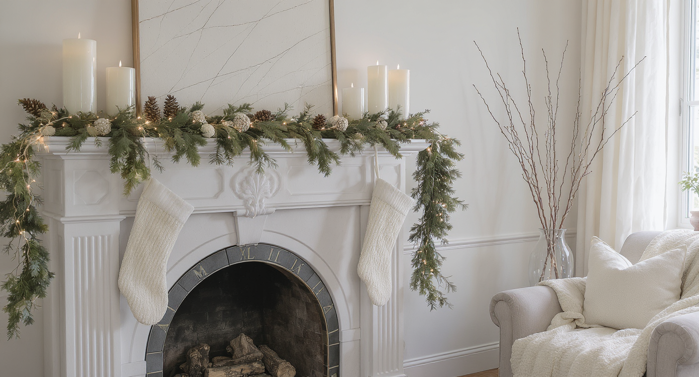 Minimalist holiday mantel with greenery, candles, and natural accents creating warm atmosphere.