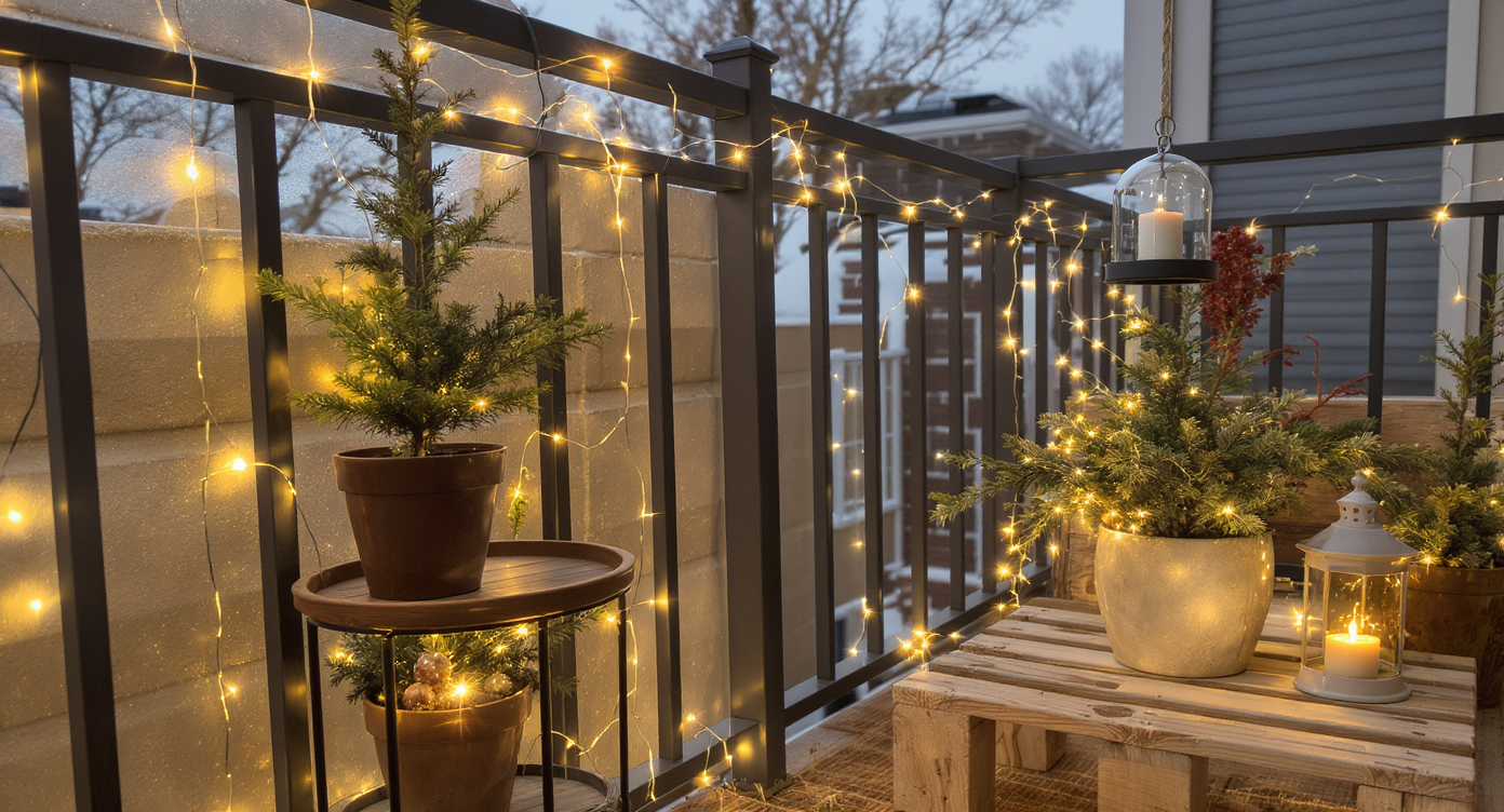 Balcony with layered DIY holiday lighting including string lights, lanterns, and illuminated planters.