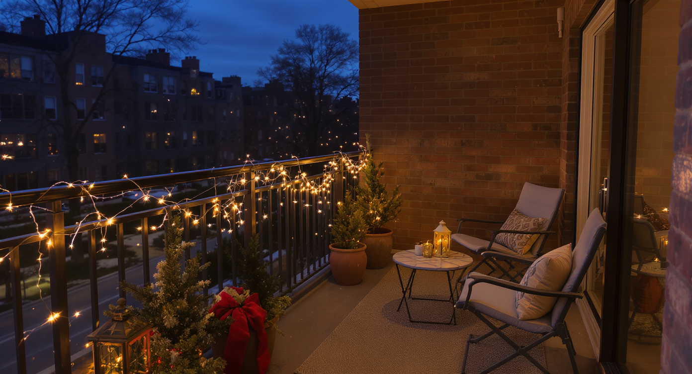 Small urban balcony decorated with string lights, lanterns, and potted evergreens creating warm holiday ambiance.