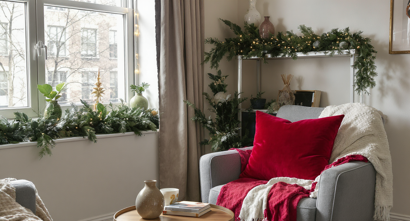 Apartment corner decorated using lights, greenery garlands, and red velvet pillow as festive anchors.