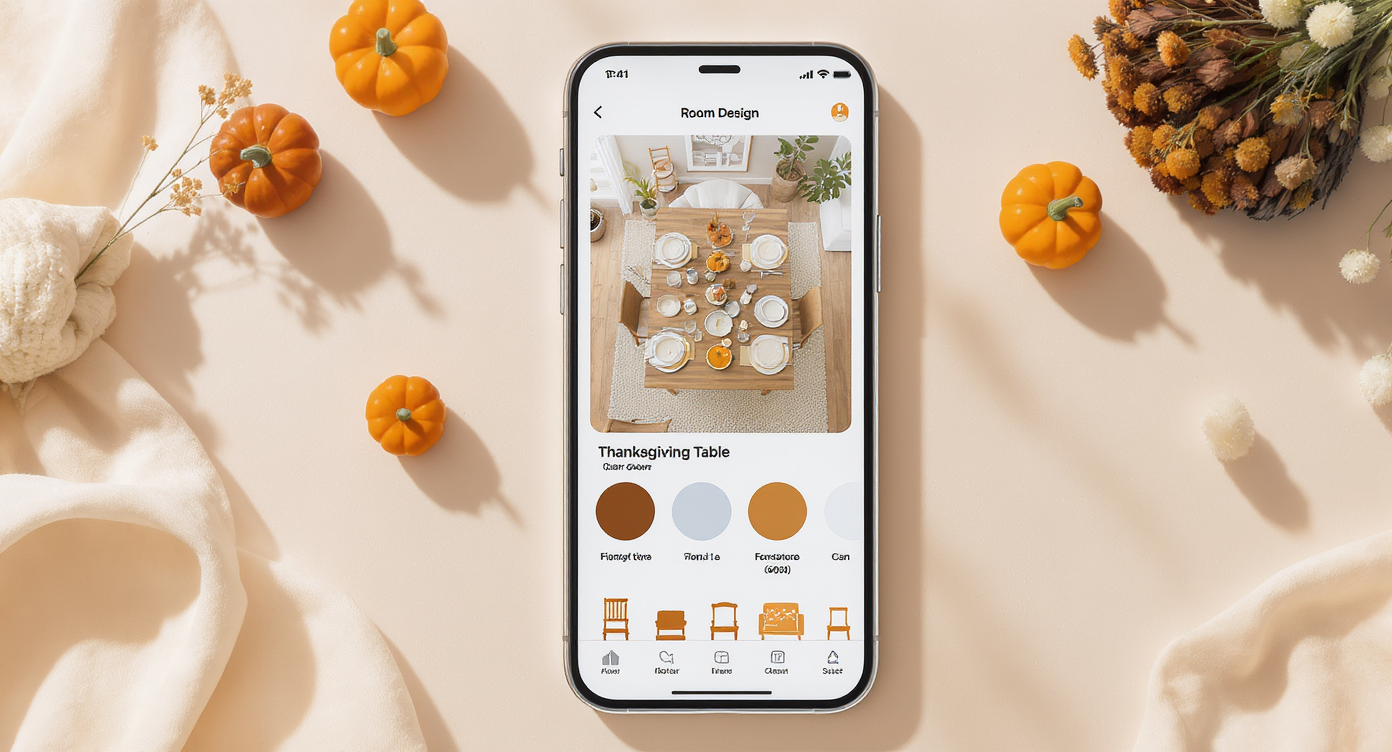 Modern illustration of a smartphone displaying AI room design app with Thanksgiving table preview and color swatches.