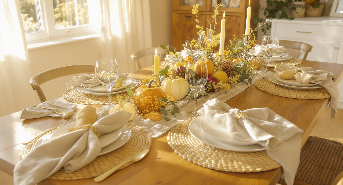 Thanksgiving table mid-setup showing layered linens, candles, and natural centerpieces illuminated by warm daylight.