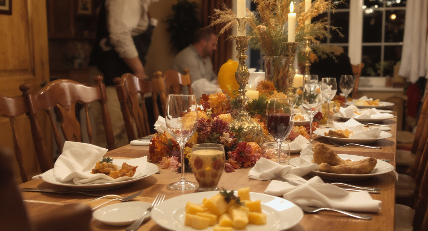 Cluttered Thanksgiving table with overlapping plates, mismatched cutlery, and tall centerpieces blocking views in bright light.