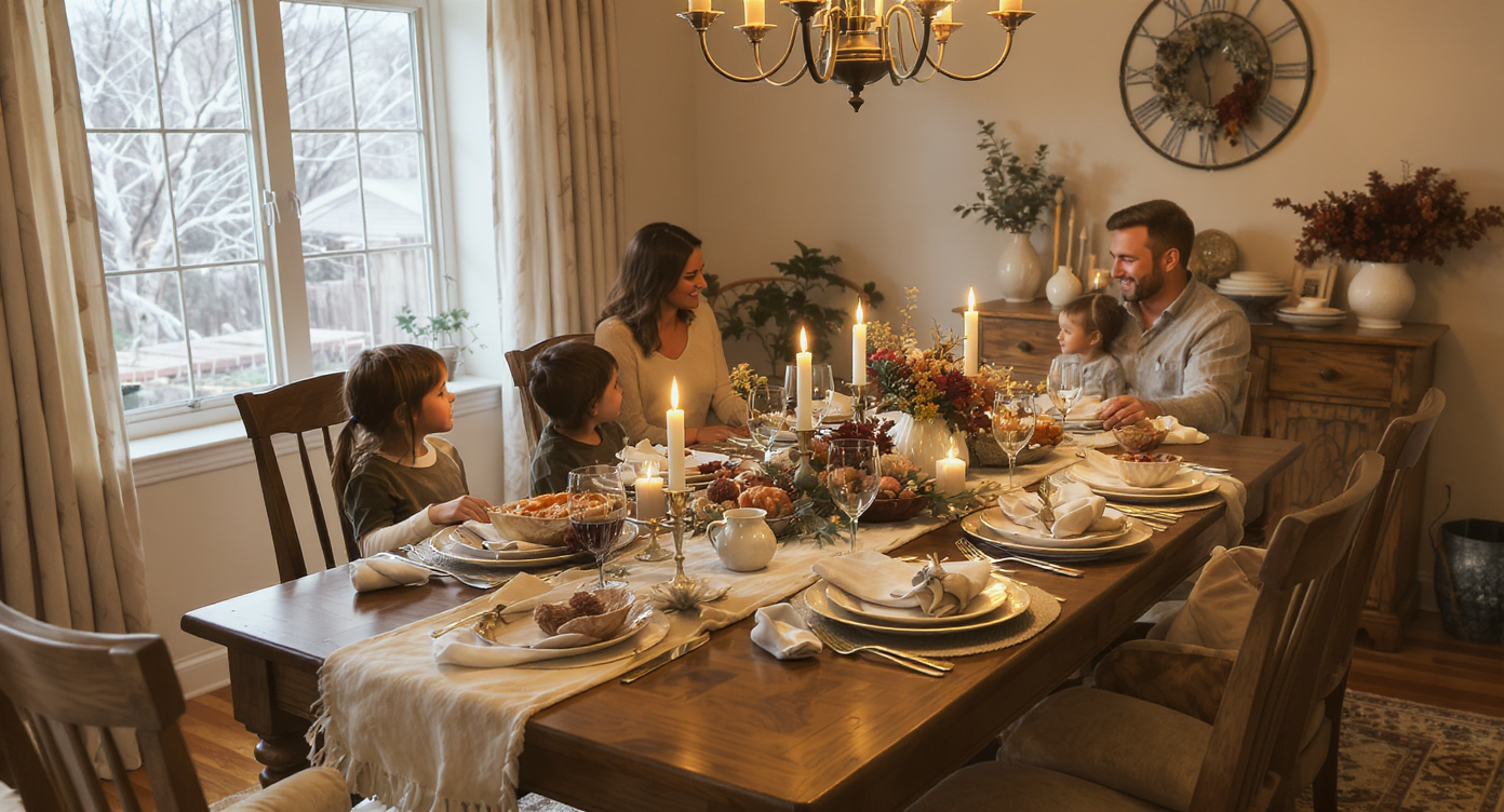 Family dining room with simply layered Thanksgiving table and family interacting under warm natural light.