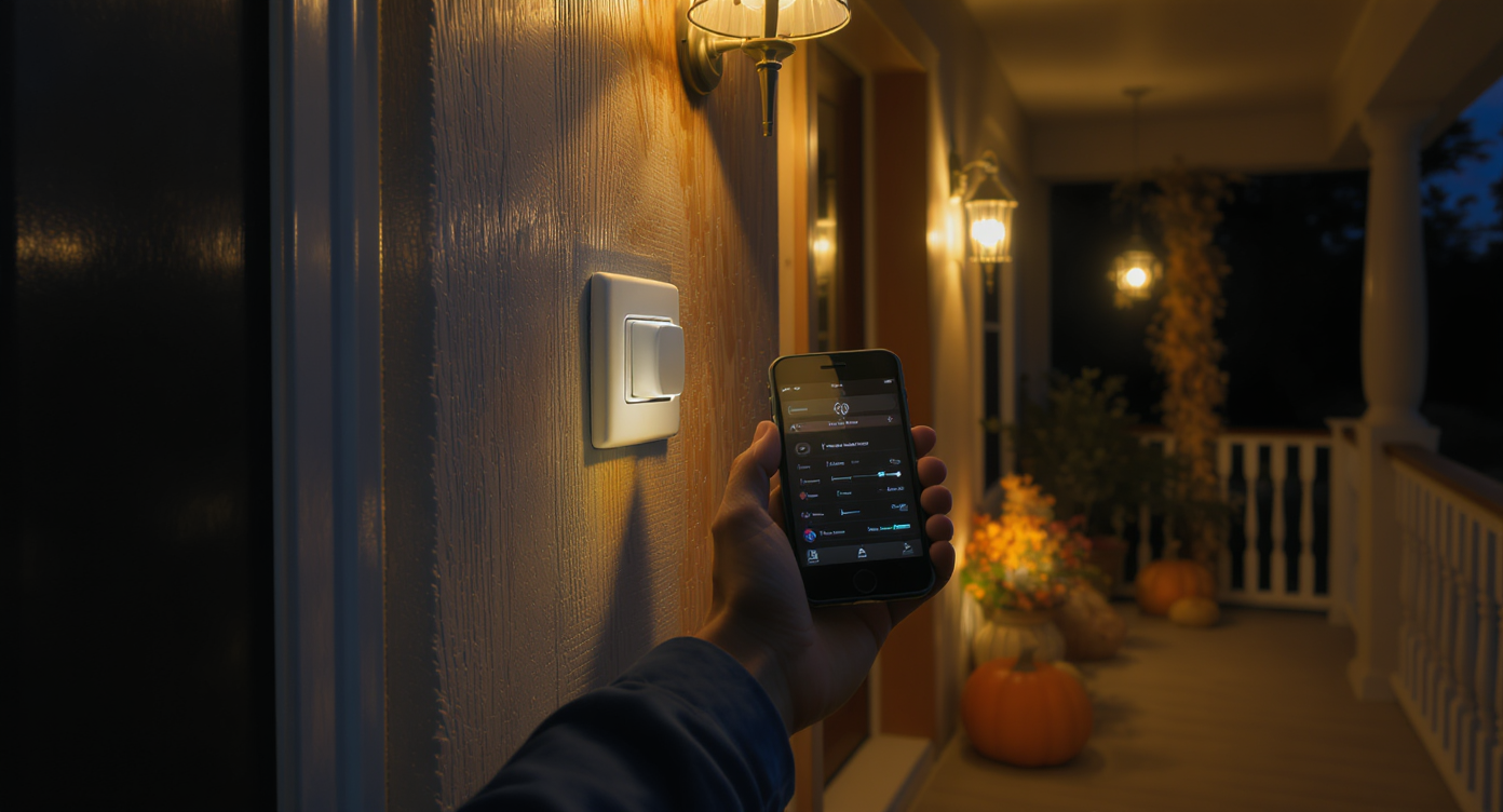 Designer using dimmer and smartphone app to create high-contrast layered warm lighting highlighting porch architectural details at night.
