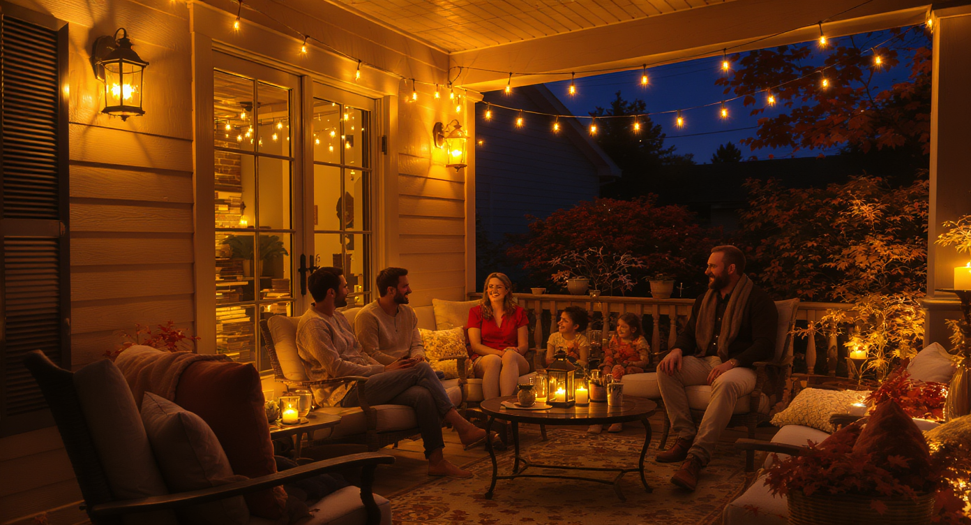 Family enjoying a warmly lit front porch with layered Thanksgiving lighting creating a cozy, inviting atmosphere at night.