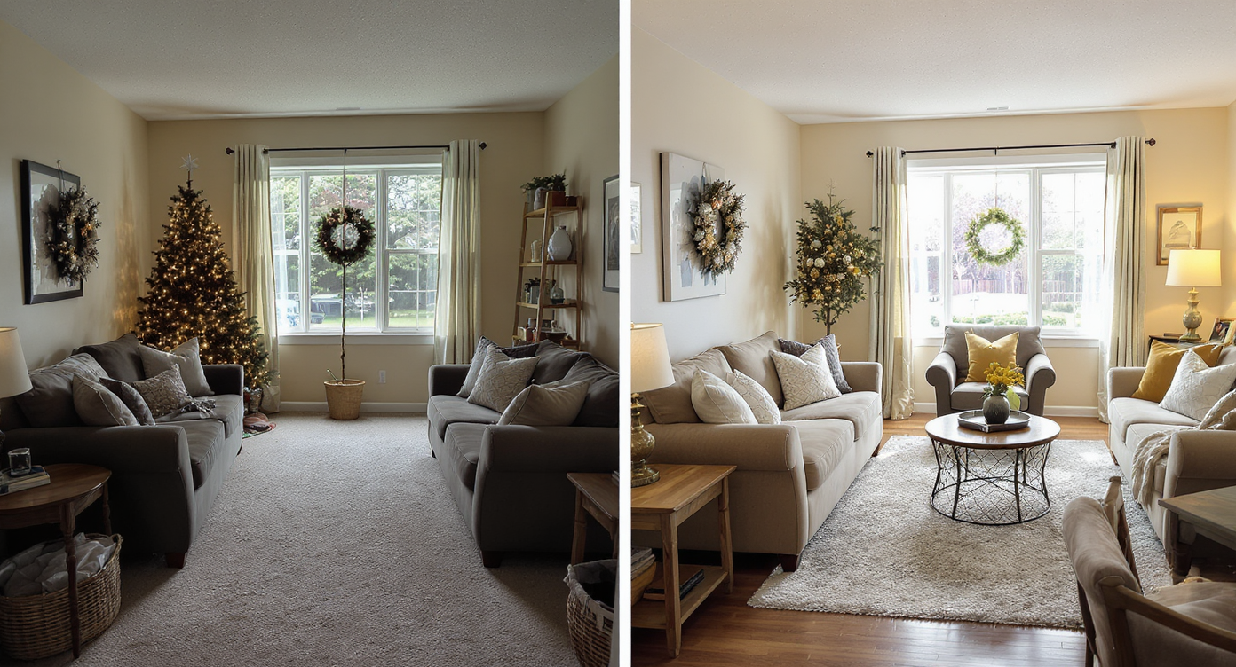 Before and after images of a living room showing DIY tweaks and AI-guided layout with improved space and holiday decor.