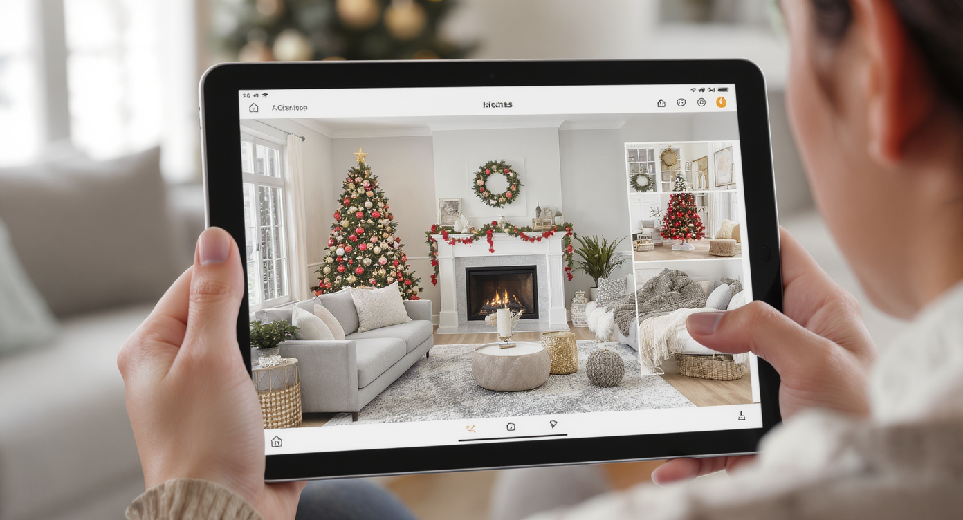 Person using tablet to preview multiple Christmas decor layouts via AI in a bright living room with neutral design.