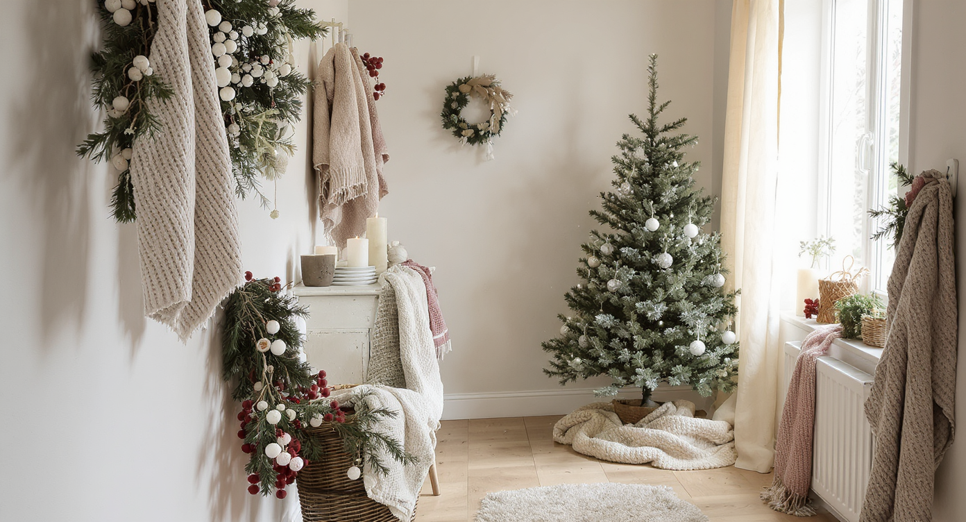 Calm hallway decorated with winter-neutral garlands, soft lighting, and a small decorated artificial tree showing seasonal layering.