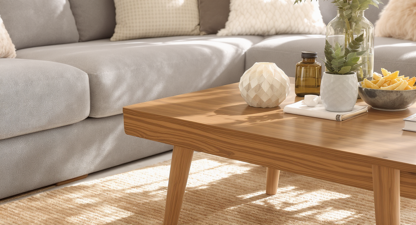 Warm wooden coffee table 1-2 inches lower than sofa seat in a minimalist living room setting.