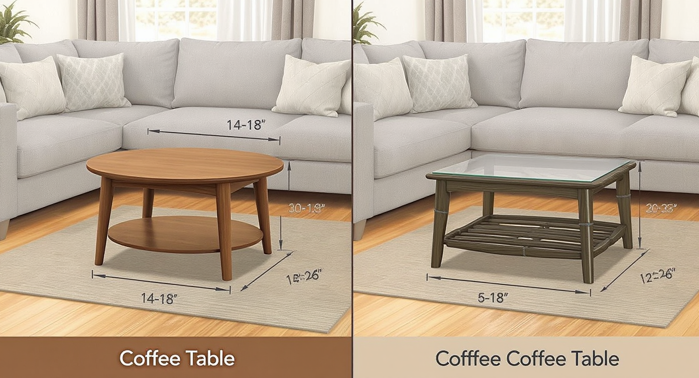 Side by side comparison of round and rectangular coffee tables with dimension annotations in a light living room.
