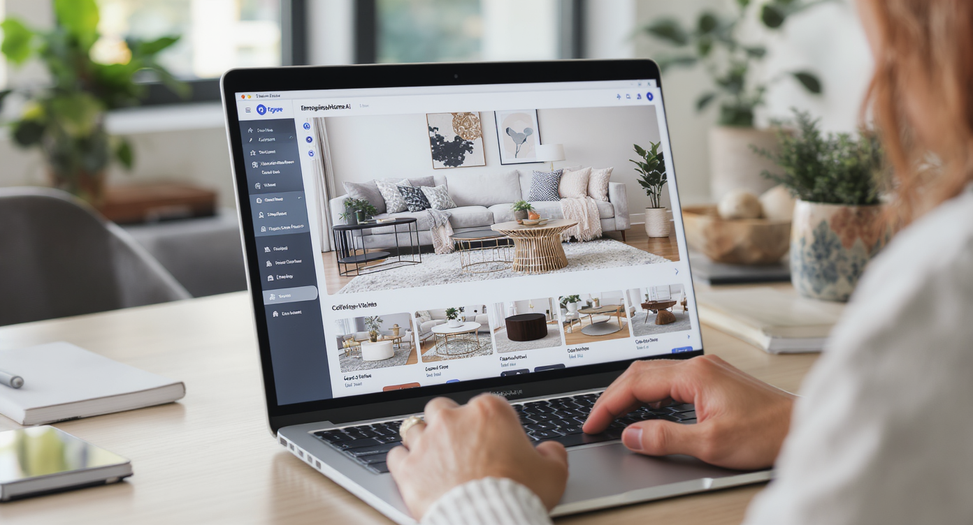 Designer previewing coffee table styles and layouts on laptop using ReimagineHome.ai in a modern office.