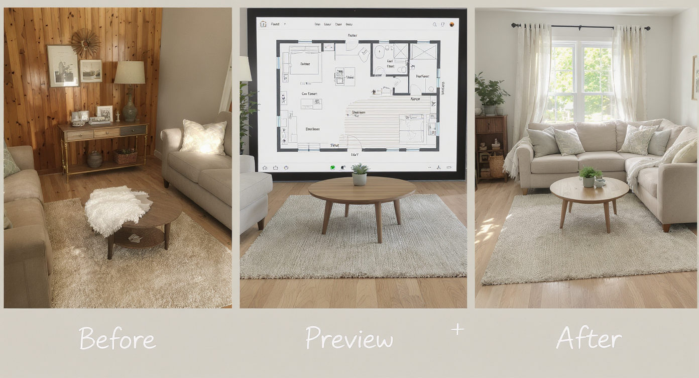 Before and after photos showing living room layout fixed with AI preview and right-sized round coffee table.