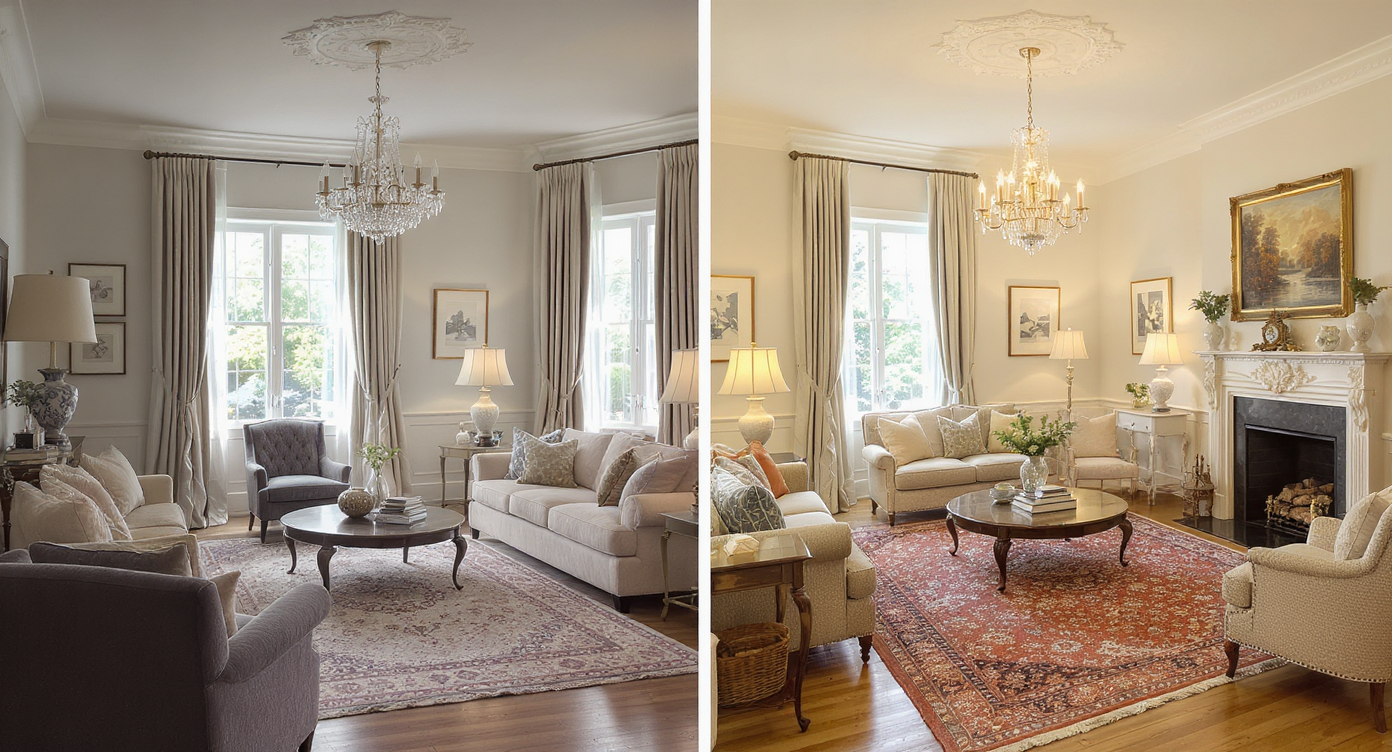 Four-stage visual progression transforming a formal parlor into a cozy warm space with drapes, lighting, and furniture arrangement.