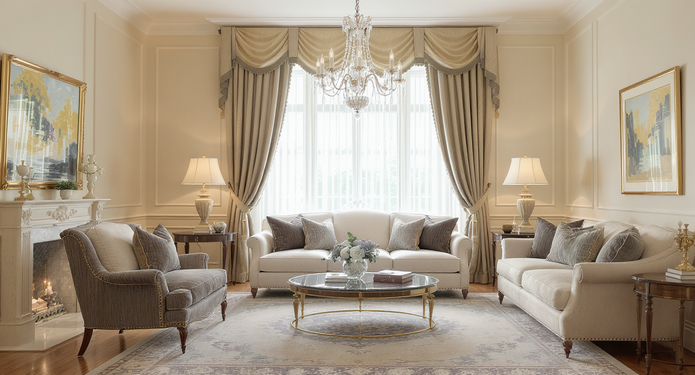 Formal parlor layout showing floor-length drapes, lowered chandelier, cozy seating cluster, and large unifying rug.