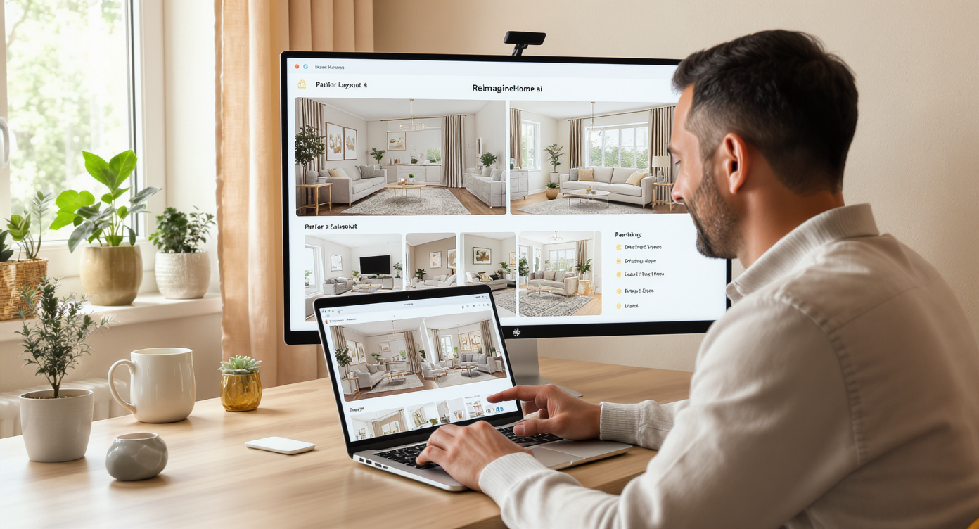 Homeowner using ReimagineHome.ai on a laptop to preview multiple parlor design layouts and styles.