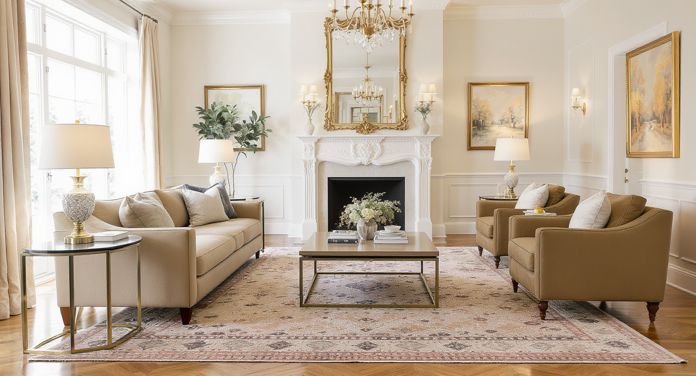 Parlor displaying ideal furniture placement: coffee table close to sofa, unified rug, balanced seating and lighting.