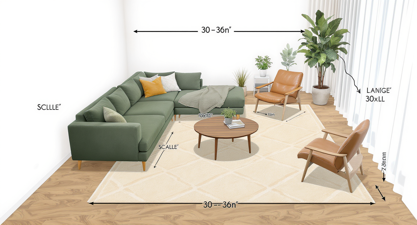 Illustrated layout with moss-green sectional on large rug, leather accent chair, round coffee table, tall plants by white curtains highlighting furniture spacing.