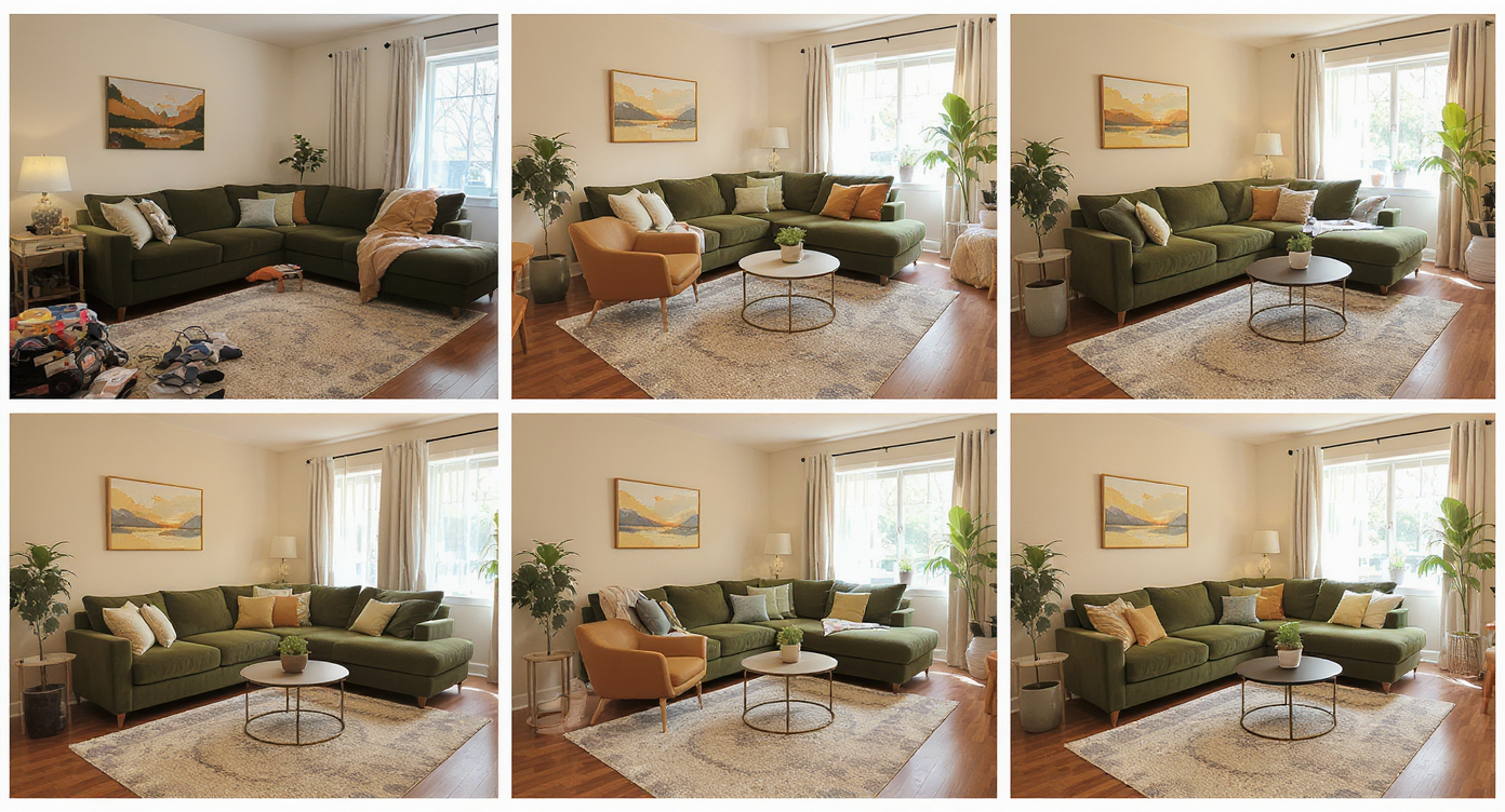 Sequence of living room makeover steps: undersized rug replaced with large rug, added leather accent chair, new round coffee table, plants, curtains, and warm lighting for improved layout.