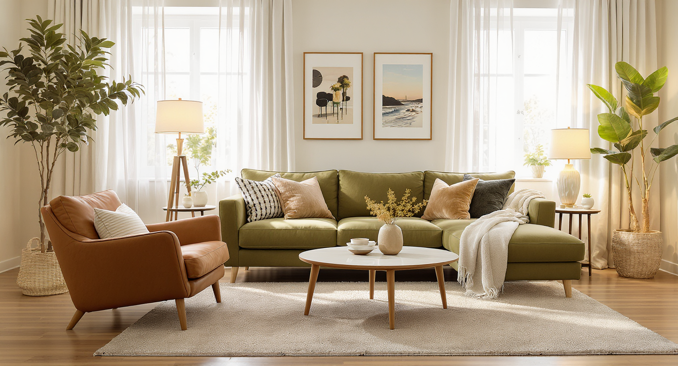 Living room with moss-green sectional, camel leather accent chair, round coffee table correctly spaced, layered warm lighting, white curtains, and tall plants for texture.