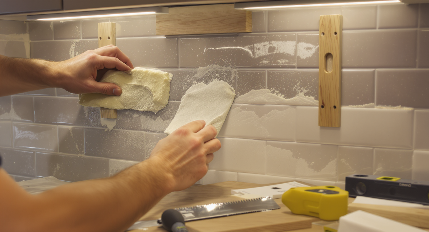 Close-up of hands installing backsplash tiles with mastic, using spacers and level under warm under-cabinet LED lighting.